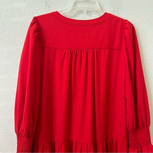Tuckernot Pomander Place Red Crepe Kenzo Ruffle via-neck long sleeve Dress Sz L - Picture 13 of 16